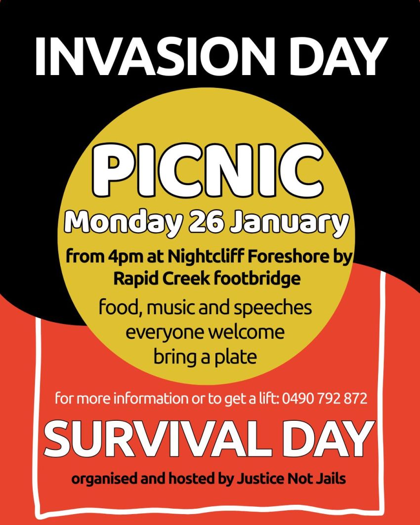 Poster for event Invasion and Survival Day Picnic, 4pm-6pm ACST 26/01/2026 Nightcliff Foreshore, Garramilla