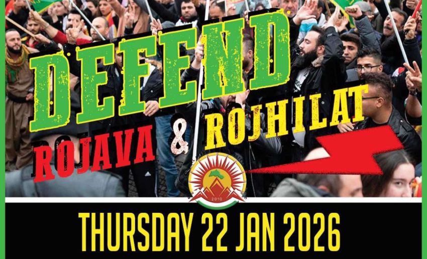 Graphic for event Emergency protest: Defend Rojava & Rojhilat! 2pm AWST 22/01/2026 Forrest Place Boorloo (Perth)