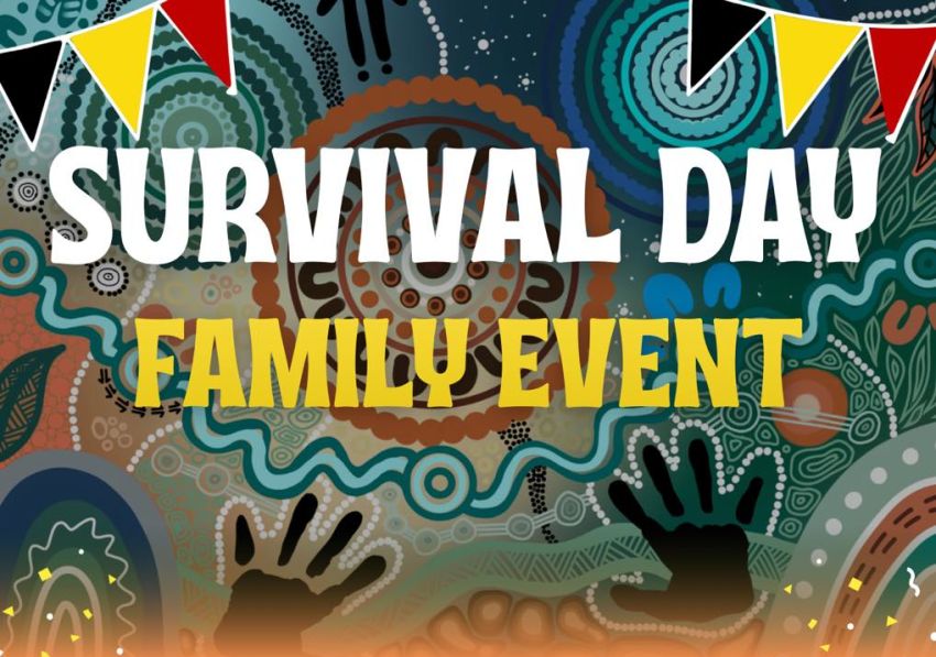 Graphic for event Survival Day Family Event 10:30am-1pm 26/01/2026 Koori's Beach Narrandera