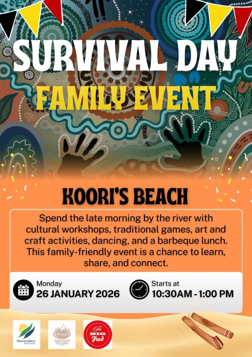 Poster for event Survival Day Family Event 10:30am-1pm 26/01/2026 Koori's Beach Narrandera