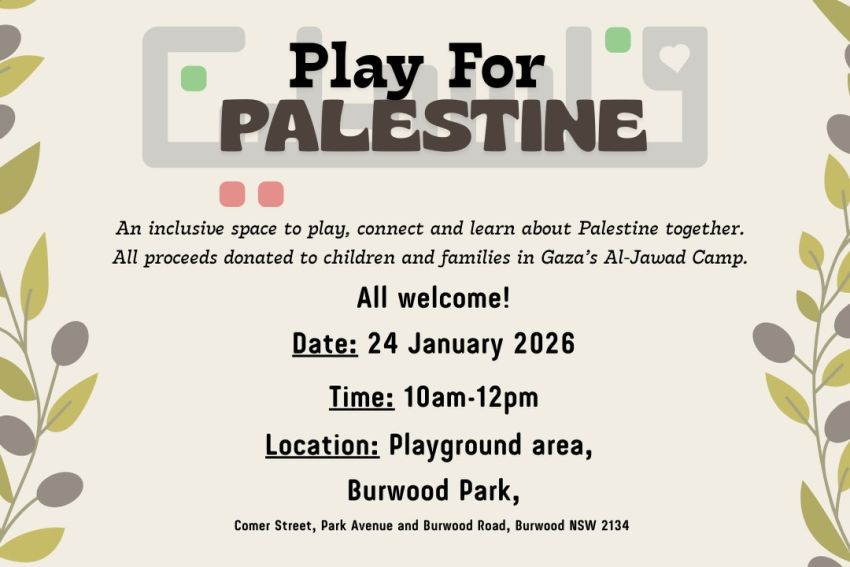 Graphic for event Play For Palestine, 10am-12pm 24/01/2026 Burwood Park, $10 per child (pay what you can for additional children), organised by @archwaytoplay