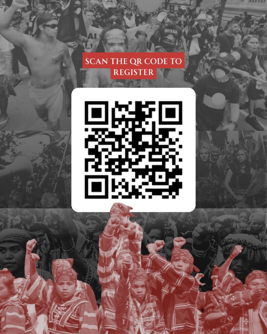 Poster, artwork and qr-code for event From Land to Liberation: Indigenous Struggles from the Philippines, Gadigal, Naarm, West Papua & Latin America, 3pm AEDT 01/02/2026