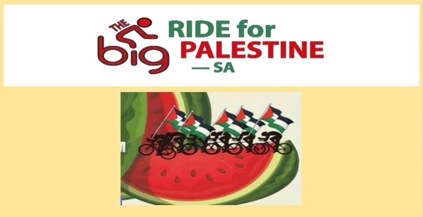 Graphic fof Big Ride For Palestine SA logo above drawwing or clip-art syle picture of cyclists holding Palestine flags riding along the crest of a cut watermelon
