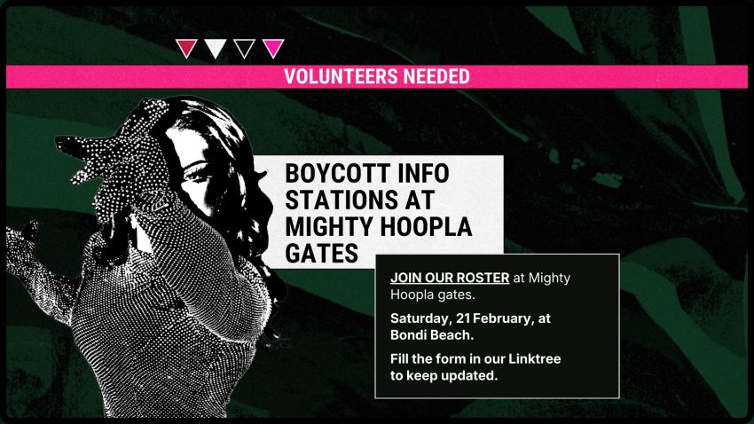Graphic and artwork for event Boycott KKR & Fuzzy's Mighty Hoopla, 12:30pm AEDT 21/02/2026 Bondi Beach NSW
