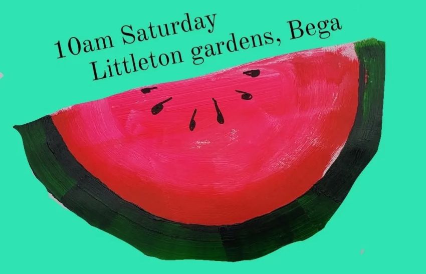 Graphic and artwork for event Palestine Action Bega Valley weekly vigil, 10am Saturdays Littleton Gardens, Bega NSW