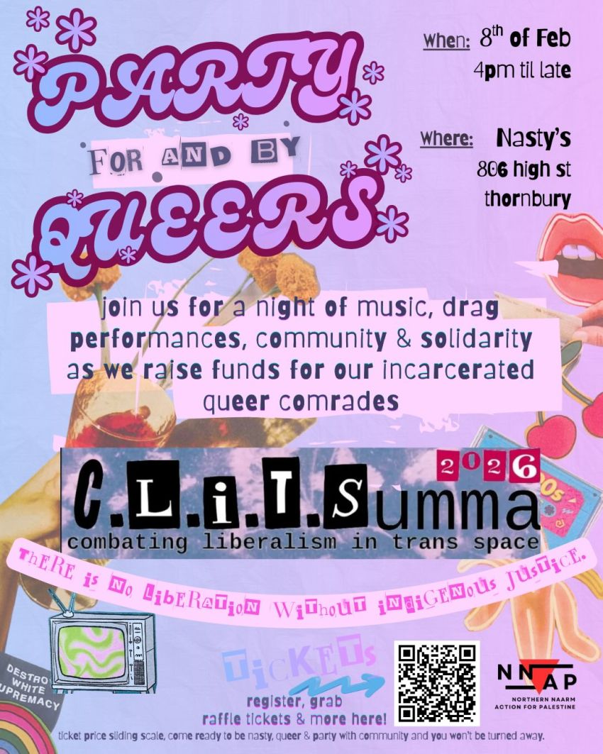 Artwork and poster for Party for (and by) Queers Fundraiser, 4pm till late 08/02/2026, Nasty's, 806 High St Thornbury VIC 3071