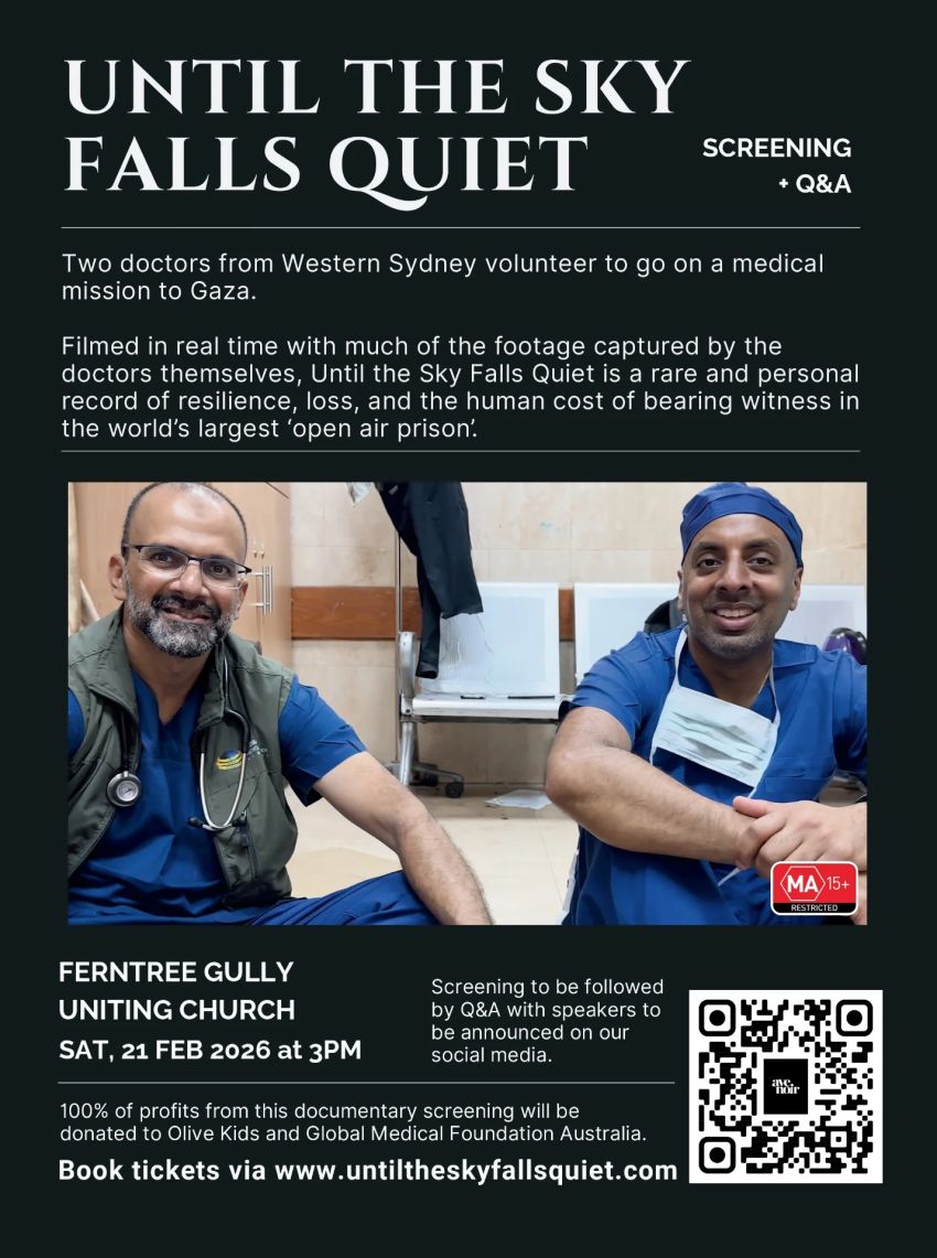Artwork and poster for evemt Until the Sky Falls Quiet – Film screening + Q&A, 3pm 21/02/2026  Ferntree Gully Uniting Church, 6 The Avenue, Ferntree Gully VIC 3156
