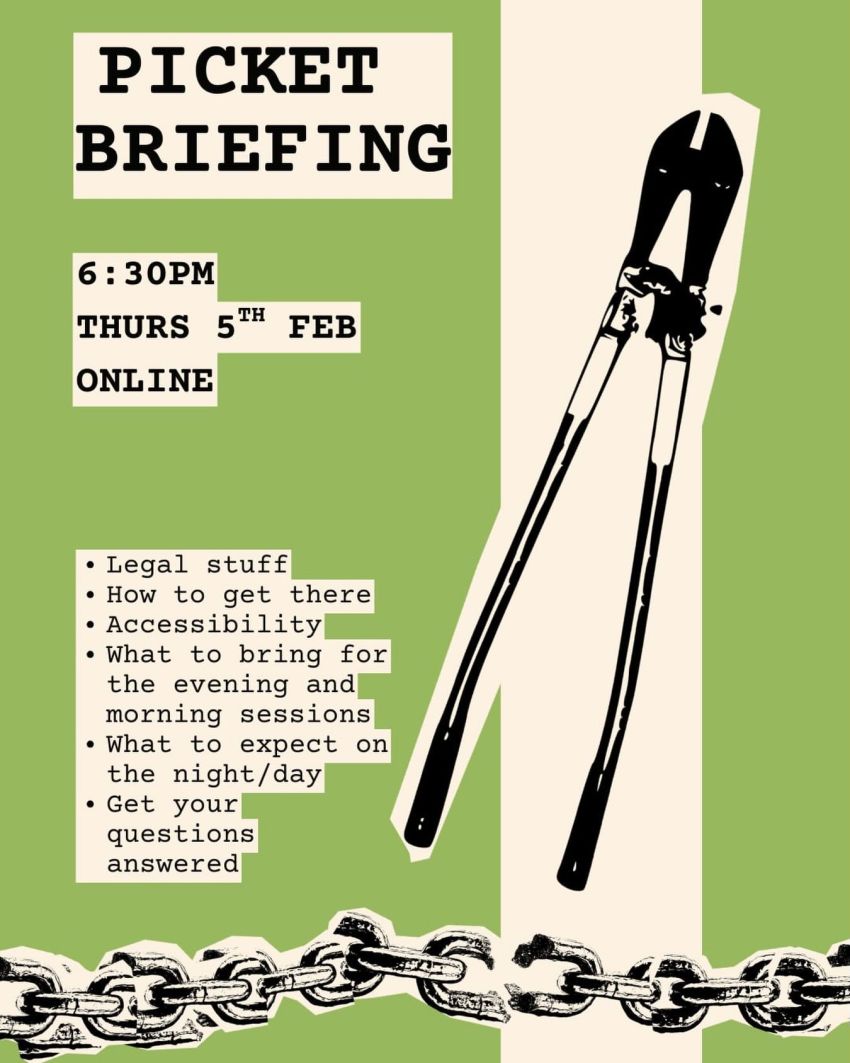 Artwork and poster for event Picket Bisalloy Online Briefing, 6:30pm AEDT 05/02/2026 online with Zoom https://uni-sydney.zoom.us/j/84962741654