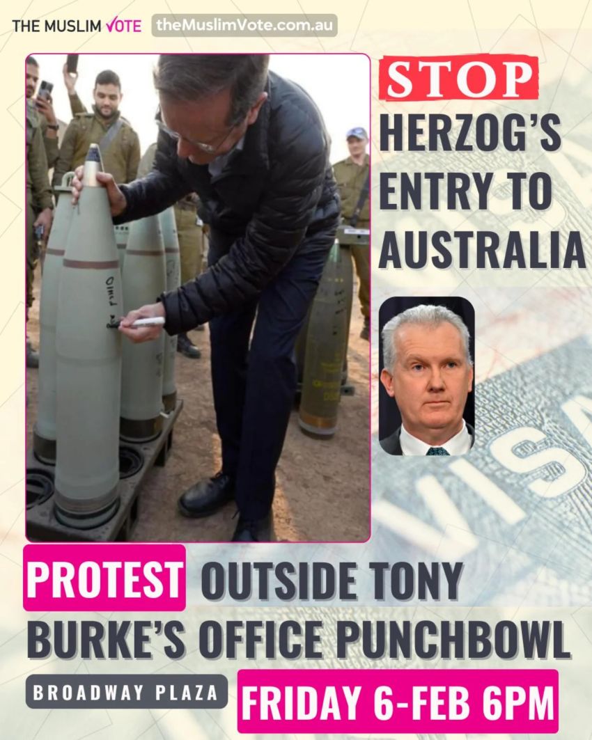 Artwork and poster for event Protest: Stop Herzog's Entry to Australia, 6pm 06/02/2026  Tony Burke MP office, 29/1 Broadway, Punchbowl NSW 2196