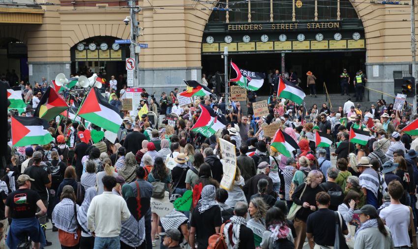 Rallying outside Flinders Street Station, Naarm/Melbourne, February 1