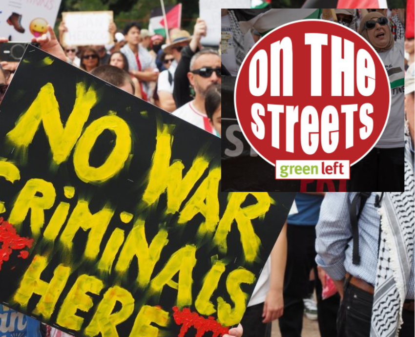 Podcast logo against background of pro-Palestine demo