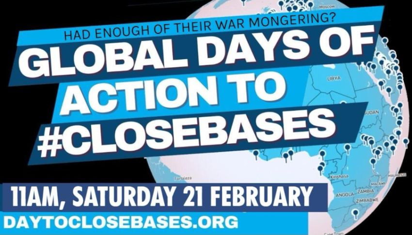 Artwork and graphic for event Global Days of Action to Close Bases, 11am 21/02/2026 Car park at McDonalds, Elizabeth Train Station