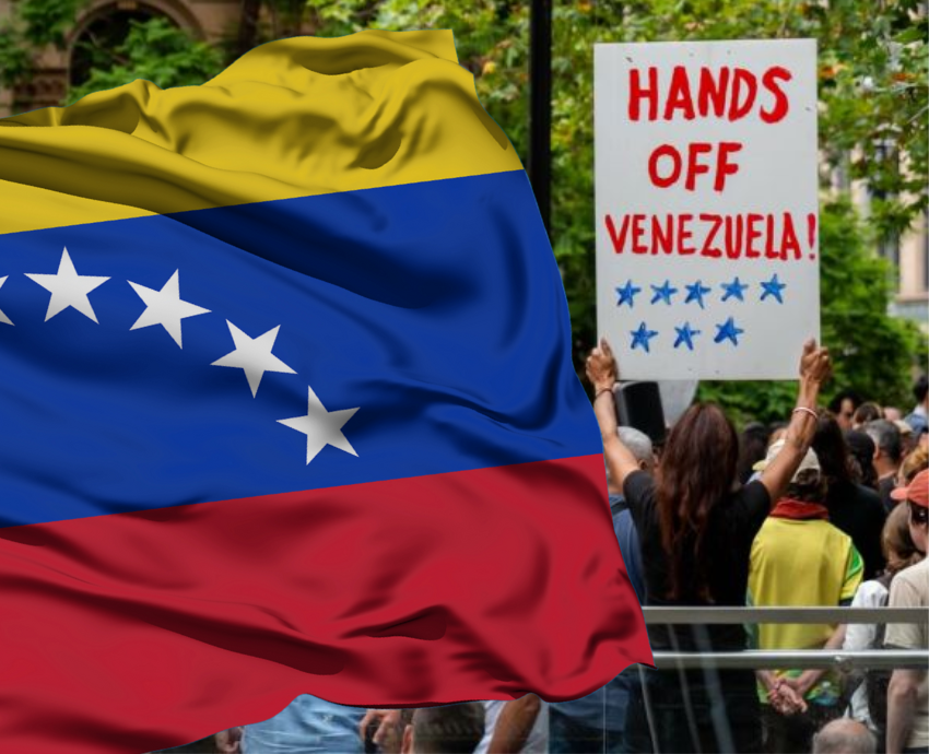 Protester holding a sign and Venezuelan flag in foreground
