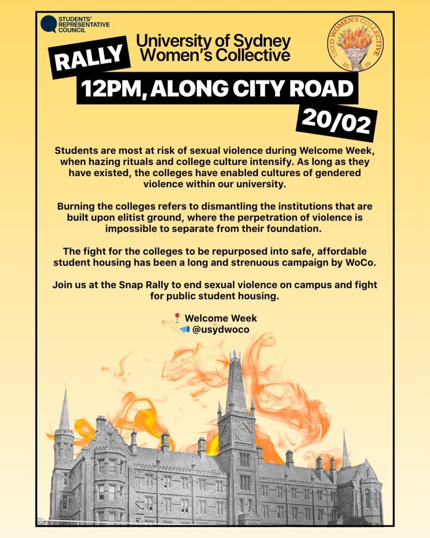 Artwork and poster for event Rally: Abolish the Colleges, 12pm 20/02/2026, along City Rd, Camperdown NSW 2050