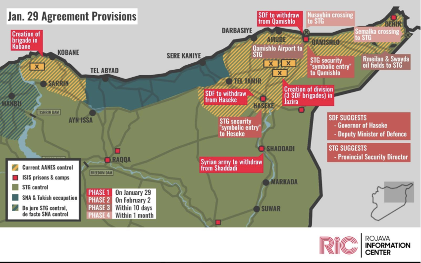 Map of North and East Syria showing regions of control as at January 29, 2026