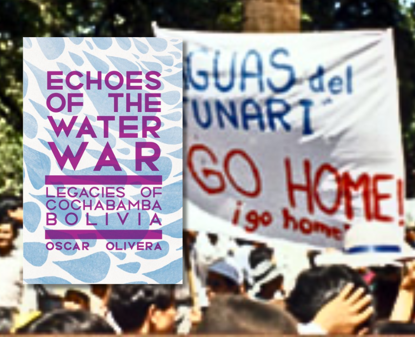 Book cover and photo of protest in Cochabamba
