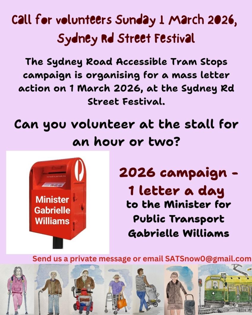 Artwork and poster for event Volunteer on the SATS stall at the Sydney Road Street Party, any time between 12pm and 6pm 01/03/2026, Sydney Road Street Party, Brunswick VIC 3056