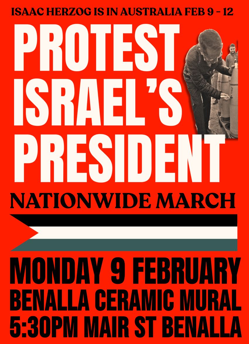 Artwork and graphic for event Nationwide March: Protest Israel's President, 5:30pm-6pm Benalla Ceramic Mural, Mair St Benalla VIC 3672