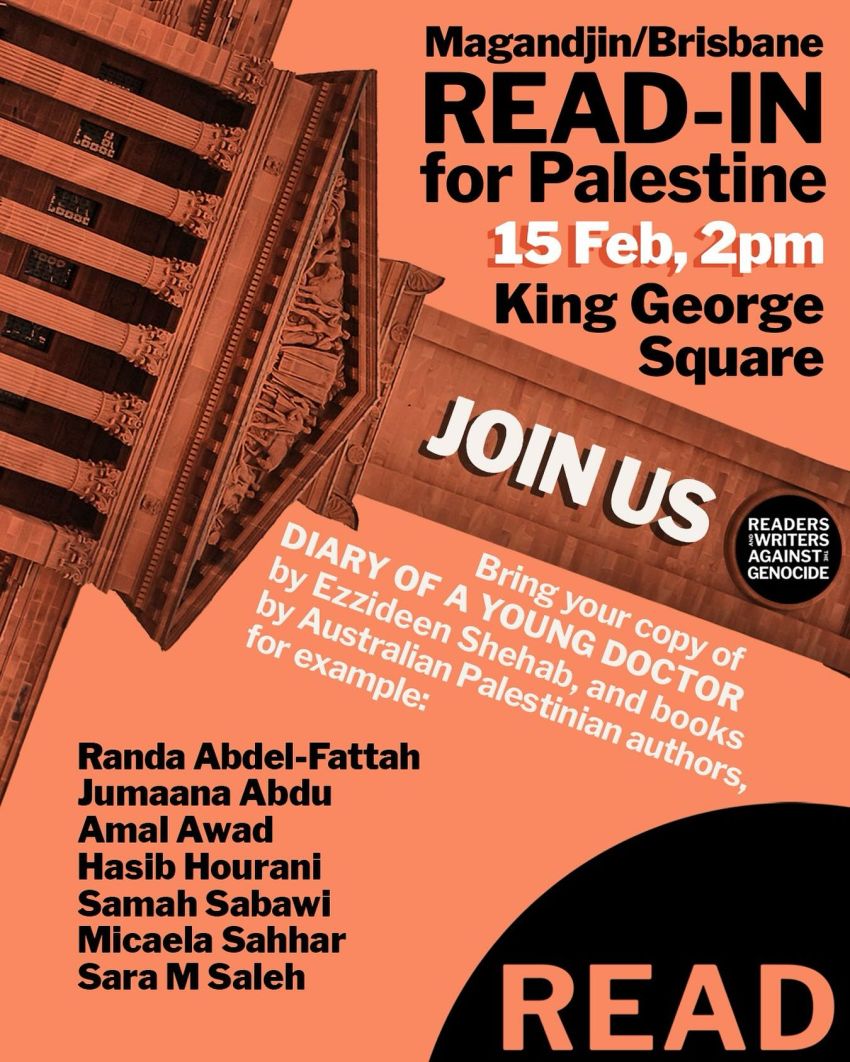 Artwork and poster for event Read-In for Palestine, 2pm King George Square, 87C Roma St, Brisbane City QLD 4000