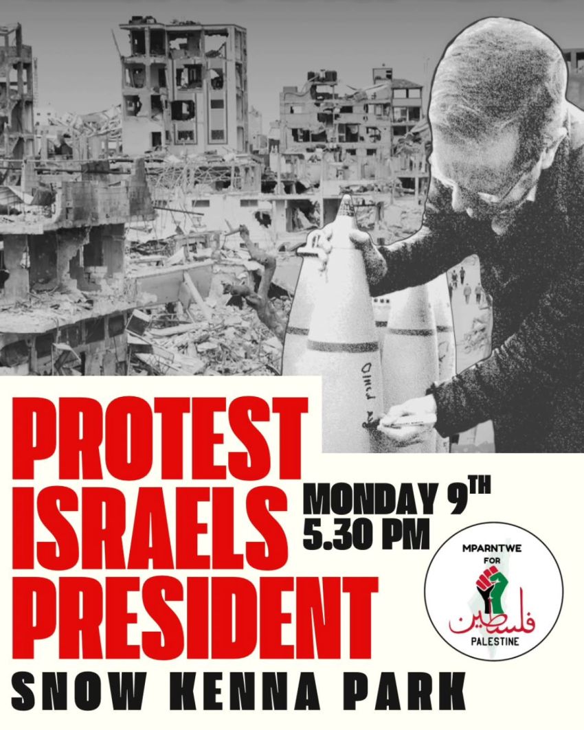 Artwork and poster for event Nationwide March: Protest Israel's President, 5:30pm 09/02/2026 Snow Kenna Park, Mparntwe (Alice Springs) NT 0870