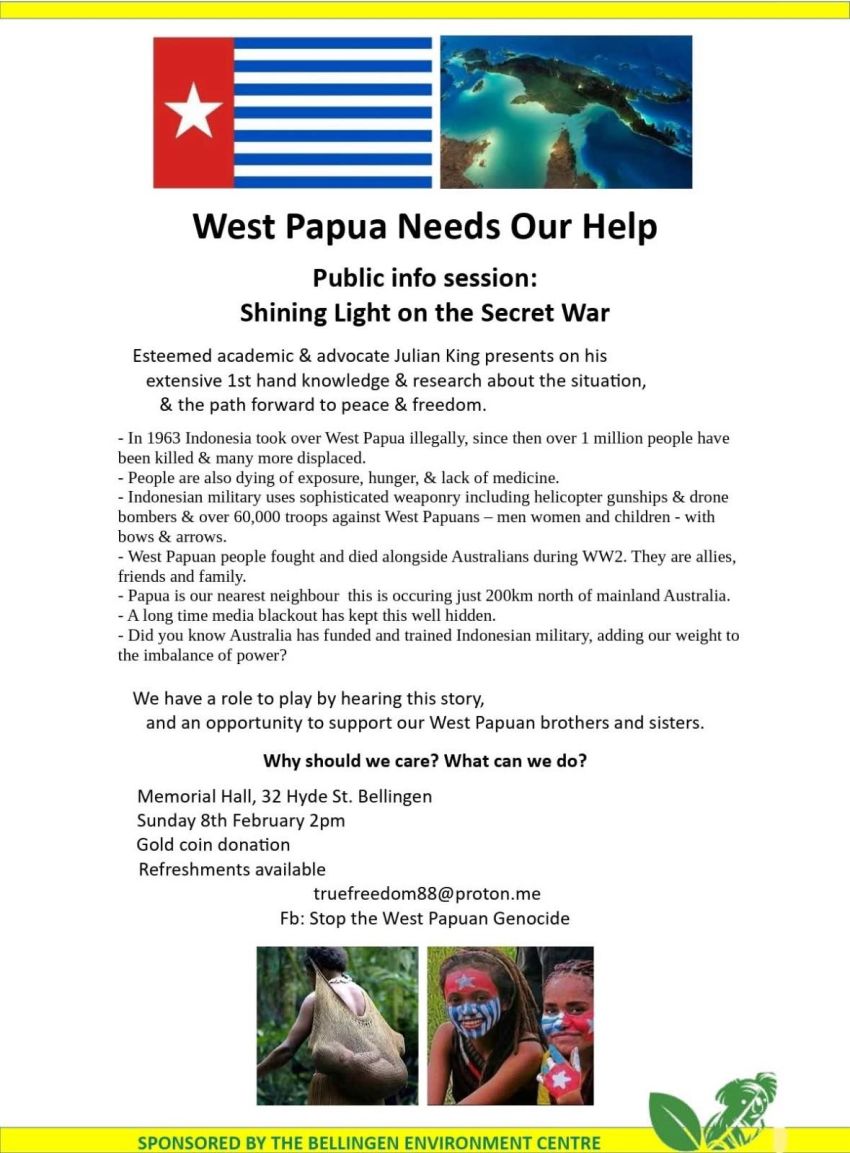 Artwork and graphic for event Shining Light on the Secret War – West Papua forum, film screening and fundraiser, 2pm-4:30pm Bellingen Memorial Hall, 32 Hyde St, Bellingen NSW 2454