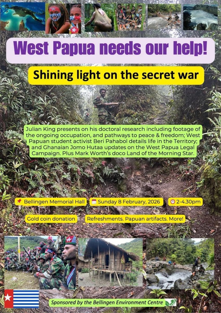 Artwork and poster for event Shining Light on the Secret War – West Papua forum, film screening and fundraiser, 2pm-4:30pm Bellingen Memorial Hall, 32 Hyde St, Bellingen NSW 2454
