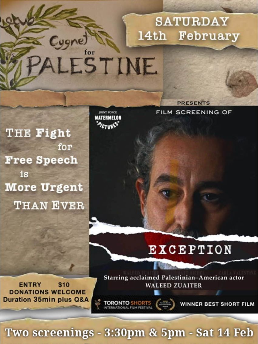 Artwork and poster for event Filom screening: Exception, 3:30pm 14/02/2026 Cygnet Town Hall, Cygnet Telecottage, 14 Mary St, Cygnet TAS 7112