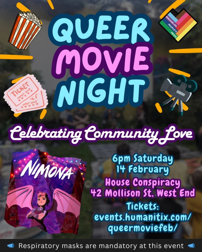 Artwork and poster for event Queer Movie Night: Celebrating Community Love, 6pm 14/02/2026 House Conspiracy, 42 Mollison St, West End QLD 4101