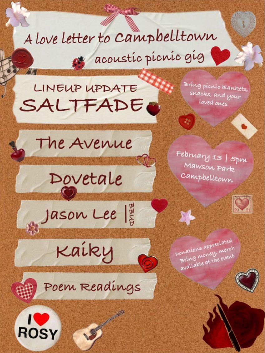 Artwork and poster for event, A Love Letter to Ctown: Acoustic Picnic Show, 5pm 13/02/2026 Mawson Park Campbelltown, Hosted by ROSY Campbelltown