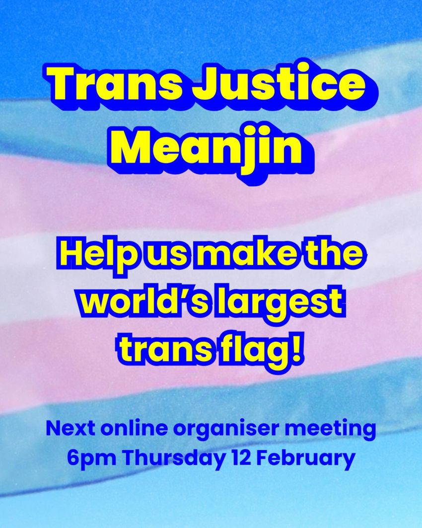 Artwork and graphic for event Trans Justice Meanjin online organiser meeting, 6pm 12/02/2026 Online