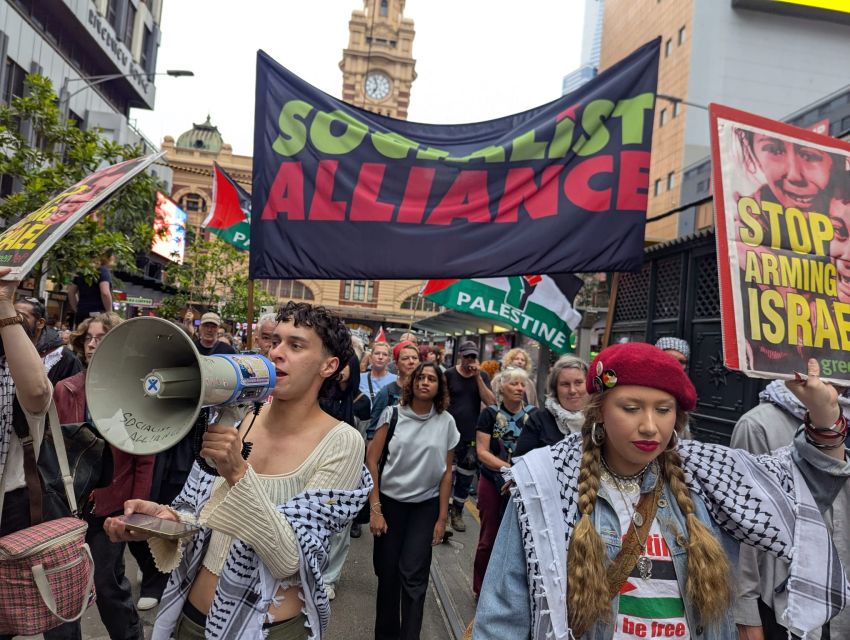 socialist alliance members marching against israeli president isaac herzog in naarm/melbourne