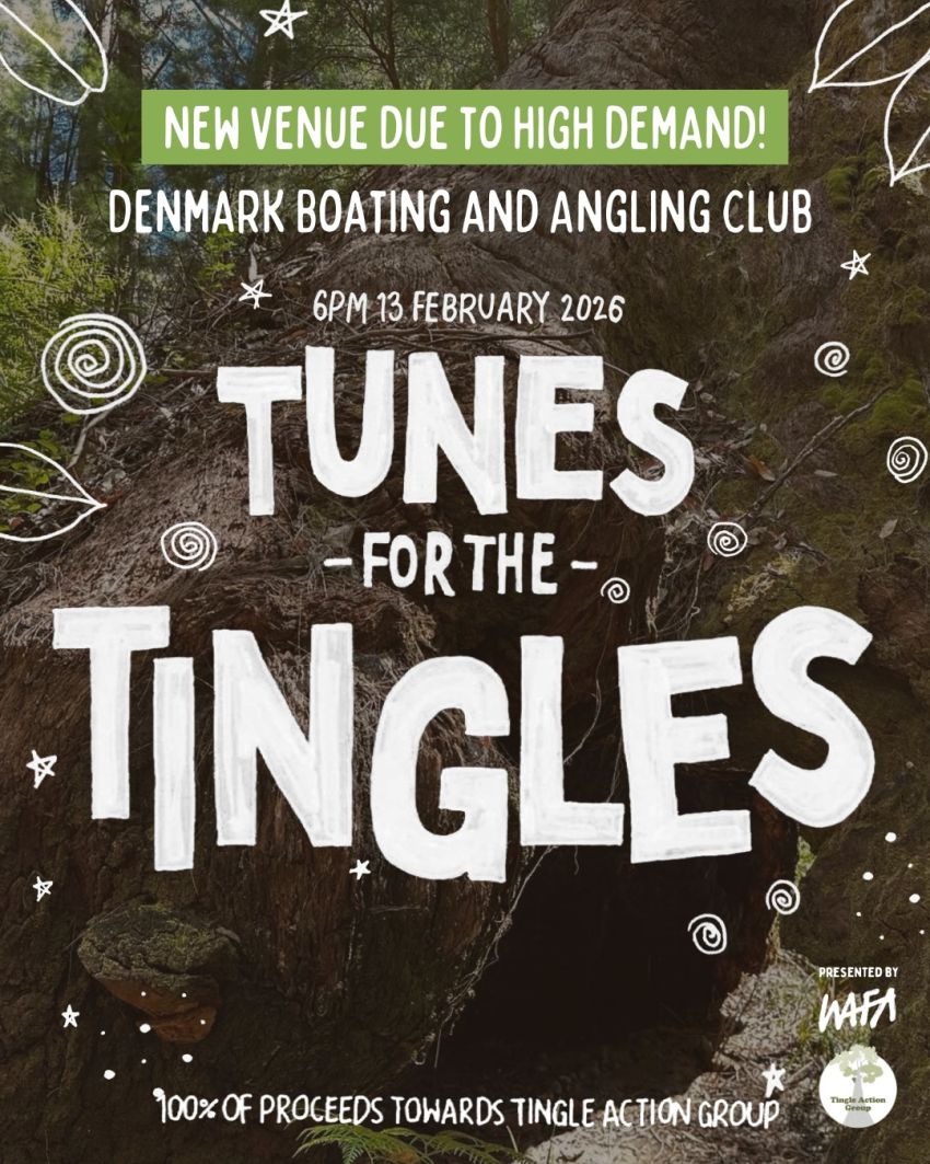 Artwork and poster for event Tunes For The Tingles, 6:00pm–9:30 pm 13/02/2026, Denmark Boating and Angling Club, 940 Ocean Beach Rd, Ocean Beach WA 6333