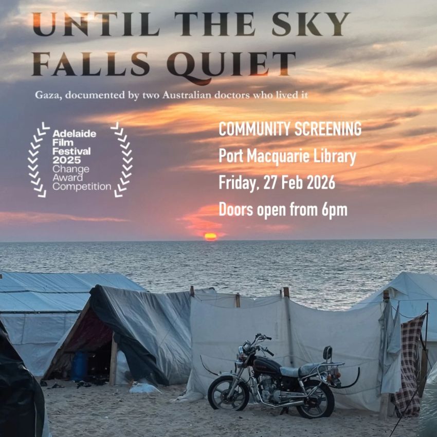 Artwork and poster (or share card) for event Until the Sky Falls Quiet - Film screening, 6pm 27/02/2026 Port Macquarie Library, Grant St, Port Macquarie NSW 2444