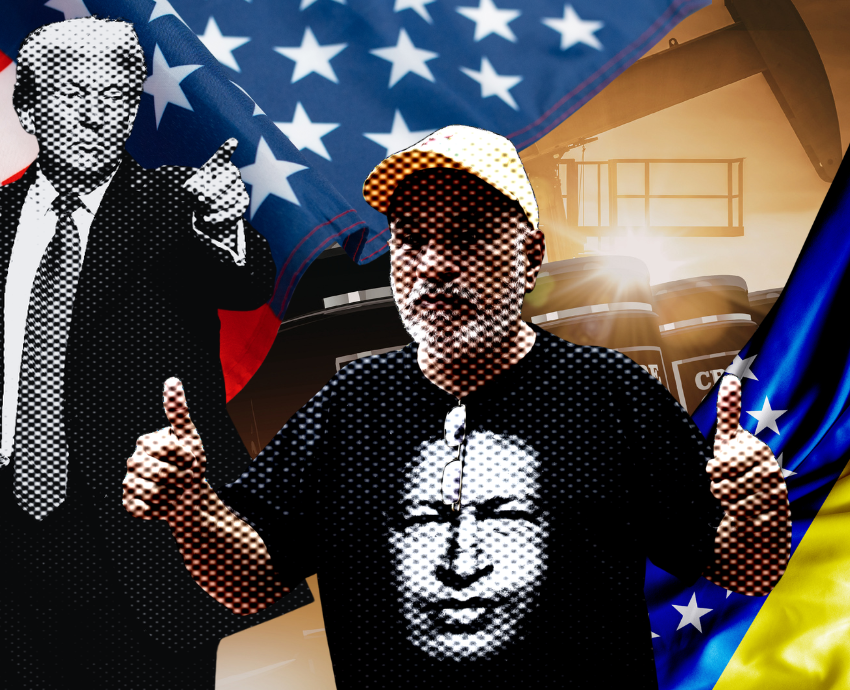 Man with Chavez t-shirt gives a thumbs up, Donald Trump points a finger, US flag, Venezuelan flag, oil barrels