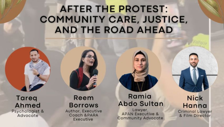 Artwork and graphic for event Cafe Palestine – Community Debrief and Gathering, 7pm-9pm 13/02/2026 Morning Owl Cafe, 16/17 George Young St, Auburn NSW 2144