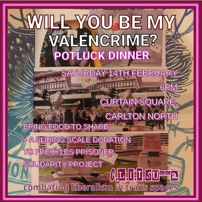 Artwork and graphic for event Will You Be My Valencrime? C.L.I.T.Summa Potluck dinner, 6pm Curtain Square, Rathdowne St, Carlton North VIC 3054