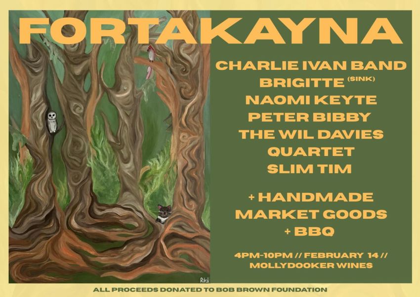 Artwork by Rhianna Schutz for music festival FORTAKAYNA 4pm-10pm 14/02/2026 Mollydooker Wines, 23 Coppermine Rd, McLaren Vale SA 5171