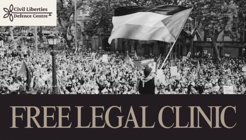 Artwork and graphic for event Free legal clinic for anyone impacted by police conduct at the Herzog protest, 10am 15/02/2026 Parramatta Centenary Uniting Church, 46 Sorrell St, North Parramatta NSW 2151