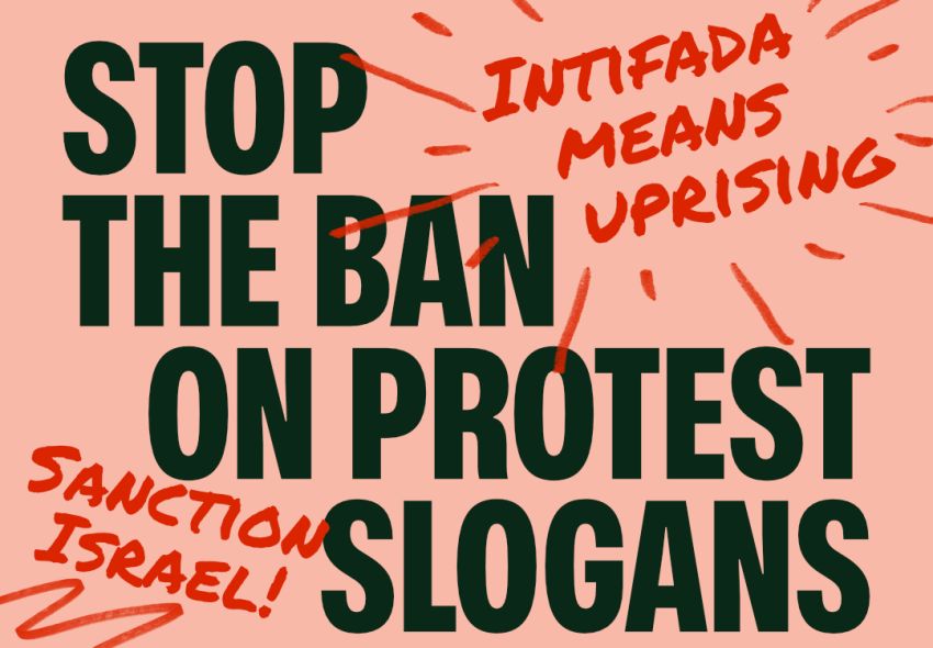 Artwork and graphic for event Stop the ban on protest slogans, 6pm 27/02/2026 Sydney Town Hall, 483 George St, Sydney NSW 2000