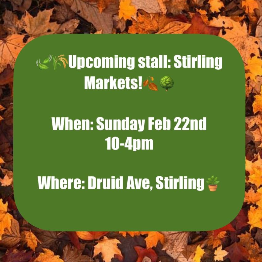 Artwork and graphic for event Upcoming stall: Stirling Markets! 10am-4pm 22/02/2026 Stirling Markets, Druid Ave, Stirling SA 5152