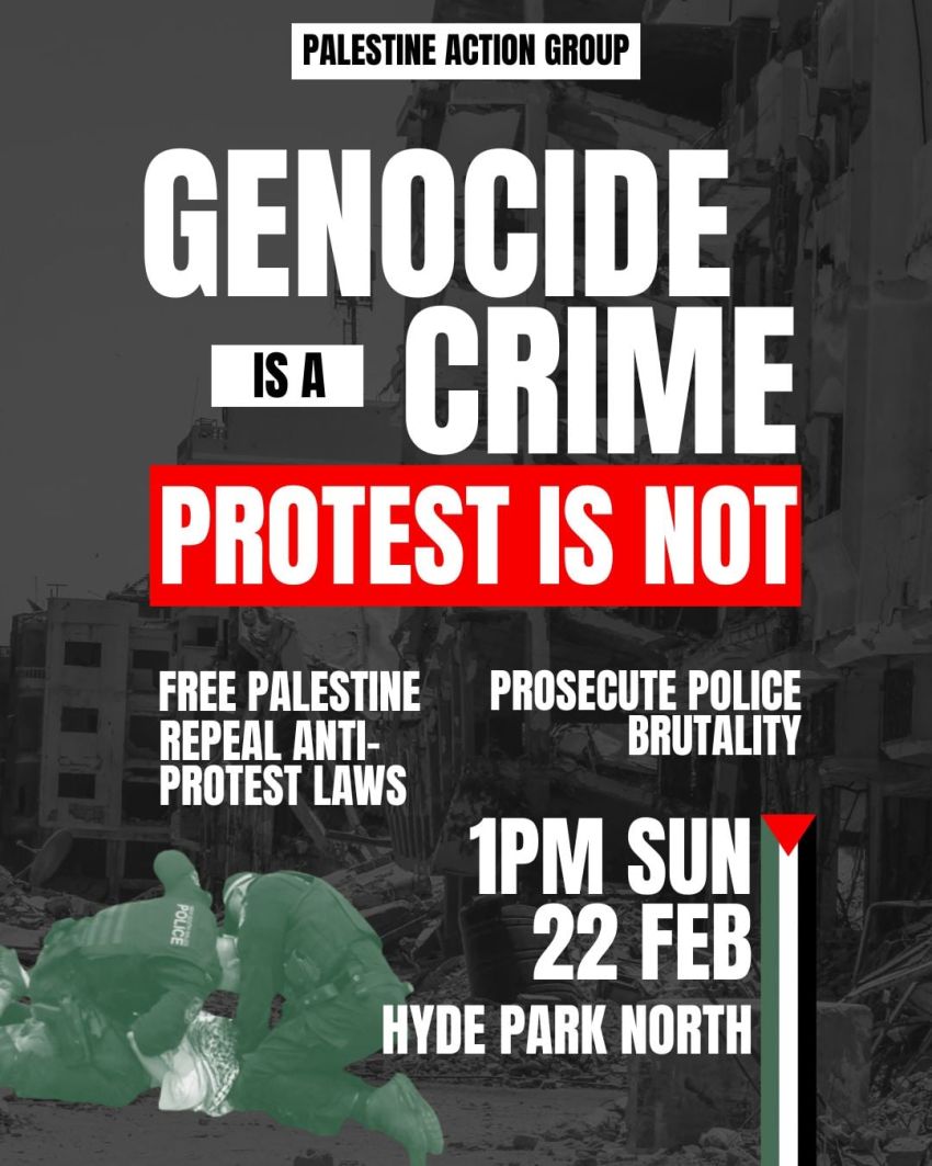 Artwork and poster for event Genocide is a Crime – Protest is not, 1pm 22/02/2026 Hyde Park North, Elizabeth St, Sydney NSW 2000