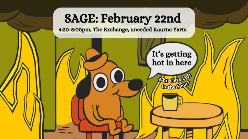 Artwork and graphic for event SAGE monthly gathering – It’s Getting Hot in Here, 4:30pm-8pm 22/02/2026 The Exchange, 53-57 Exchange Pl, Tarntanya (Adelaide) SA 5000