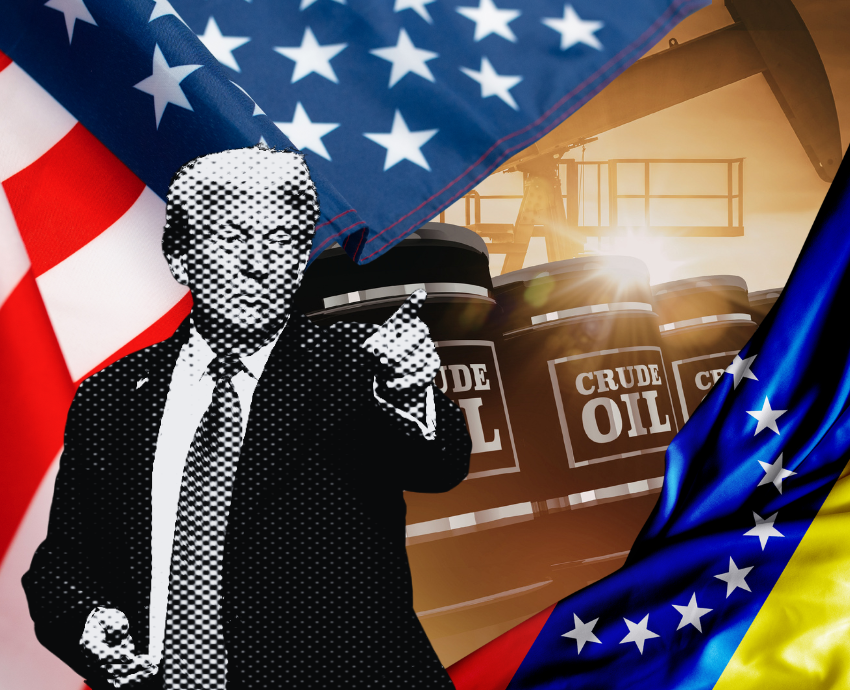 Trump, Venez flag, US flag, oil barrels