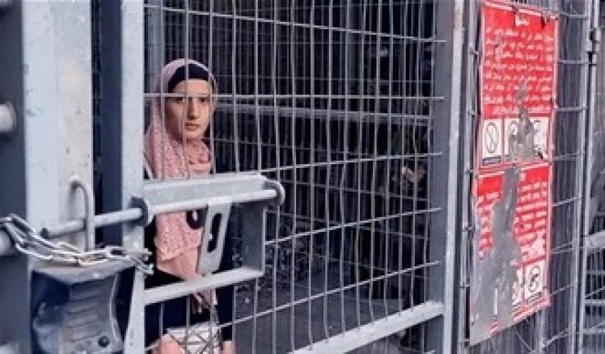Palestinian woman stands behind border fence
