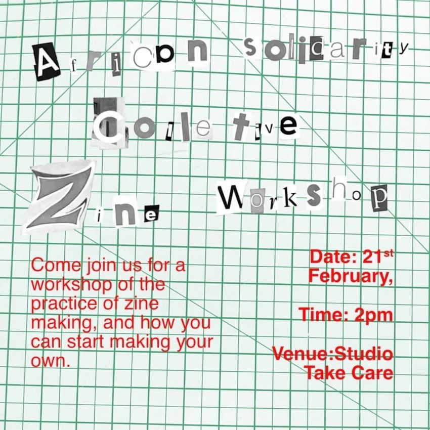 Artwork and graphic for event Zine making workshop and community gathering, 2pm 21/02/2026 Studio Take Care, 1 Pitt St, Brunswick VIC 3056
