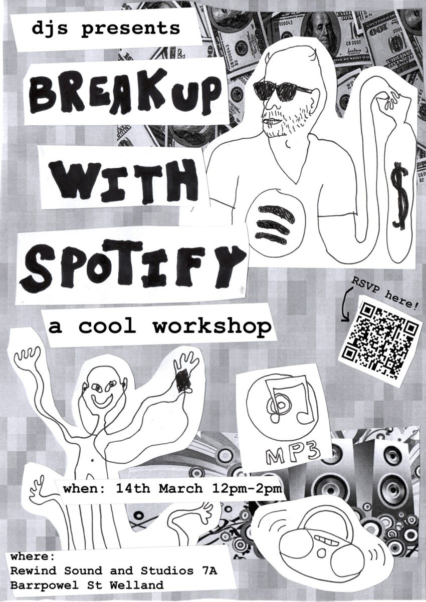 Artwork and poster for event DJS presents: Breakup with Spotify – A cool workshop, 12pm-2pm 14/03/2026 Rewind Sound & Studios, 7A Barrpowell St, Welland SA 5007