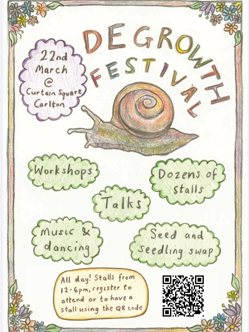 Artwork and poster for event Degrowth Festival 2026, 1am-7pm 22/03/2026 Curtain Square, Rathdowne St, Carlton North VIC 3054