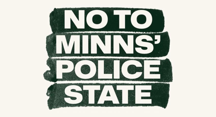 Artwork and graohic for event NO to Minns' Police State, 9am 26/02/2026 Supreme Court of New South Wales, Macquarie St, Sydney NSW 2000