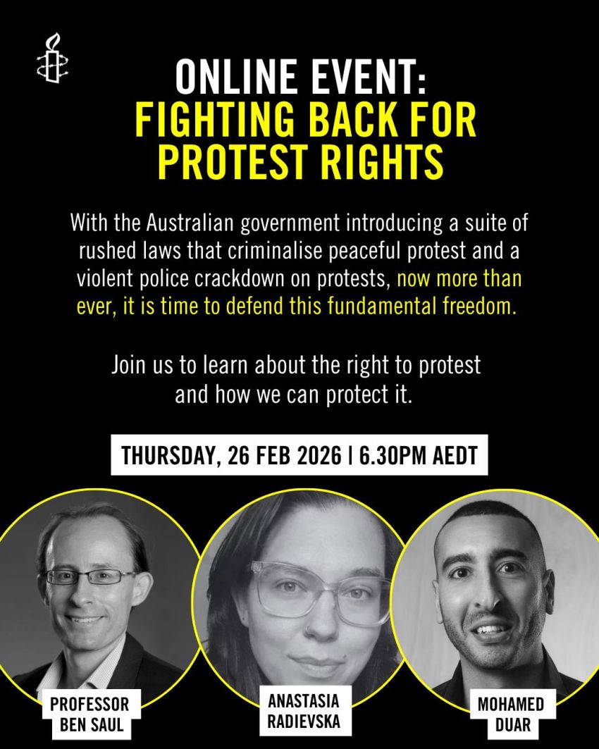 Artwork and poster for event Webinar: Fighting Back for Protest Rights, 6:30pm AEDT 26/02/2026 online