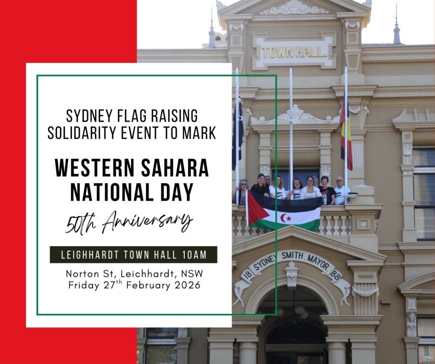 Artwork and graphic for event Flag raising to mark 50th anniversary of Western Sahara National Day, 10am 27/02/2026 Leichhardt Town Hall, Corner of Marion and, 107 Norton St, Leichhardt NSW 2040